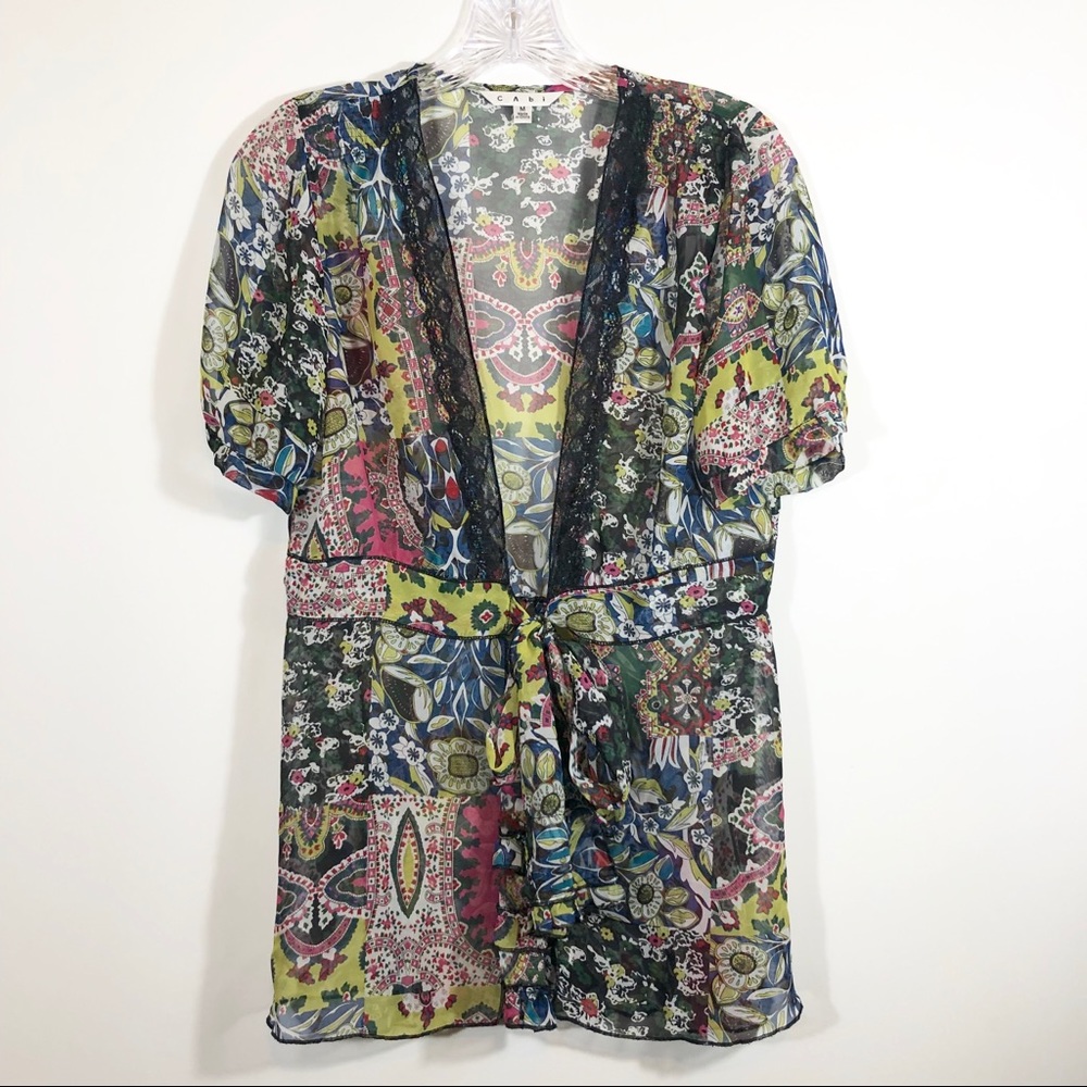CAbi sheer paisley ruffle tie front kimono top. M - Picture 1 of 8